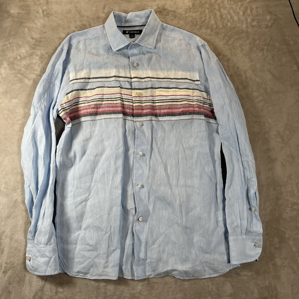 Cremieux Shirt Mens M Linen Stripe Blue‎ Long Sleeve Button Up Preppy Classic